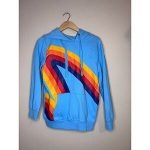 Aldi Gear Womens Blue Retro Rainbow Graphic Pullover Hoodie Sweatshirt Small S‎